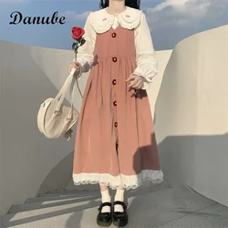 Vintage Long Sleeves Lolita Dress Women Japanese Kawaii Peter Pan Collar Shirt+High Waist Strap Midi Dress Female Party Vestidos