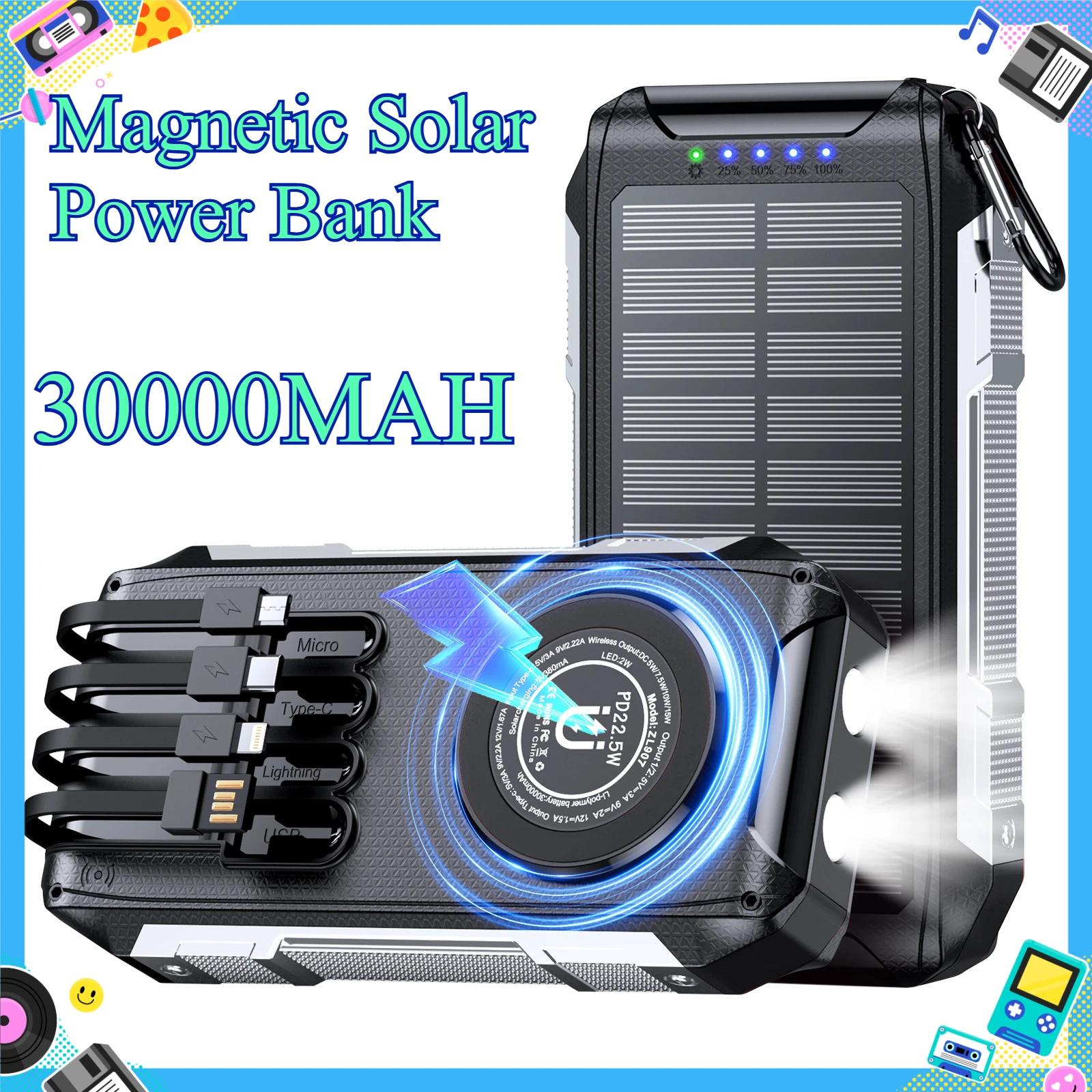 2pcs 30000mAh Magnetic Solar Power Bank With Built‑in Cable Wireless Charging Outdoor 3‑Proof Fast Charging Mobile Power Supply