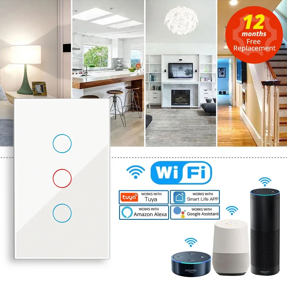 

US Brazil Tuya Wifi Wall Switch, Smart Light Switch, Glass Panel Touch-Sensor interruptor 1/2/3 Gang Work with Alexa,Google Home