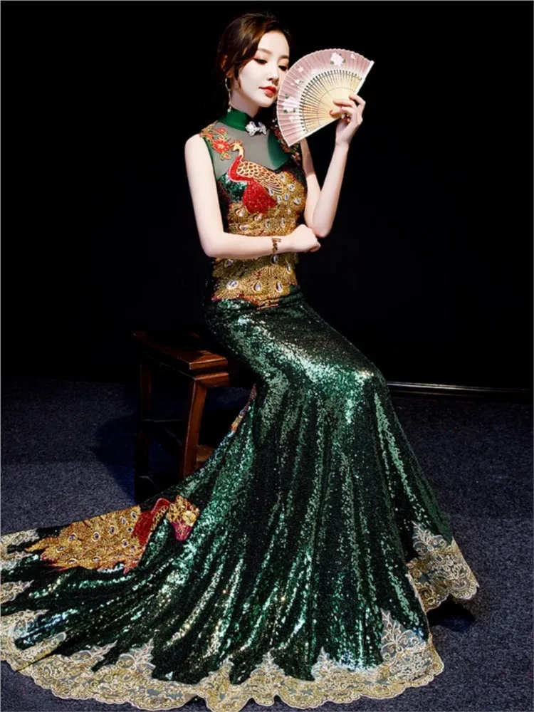 

Ziyuanxuan banquet dark green sequined grand fishtail drag show performance dress