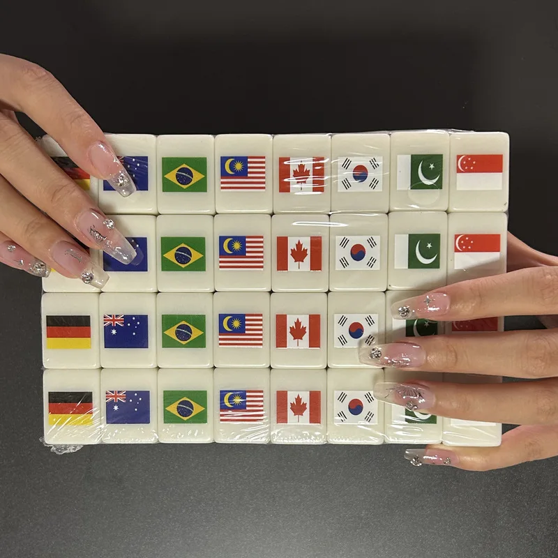 

24mm 64-Piece International Flag Animal Mahjong Set Collectible Game Card Toy For Hobbyists And Gamers