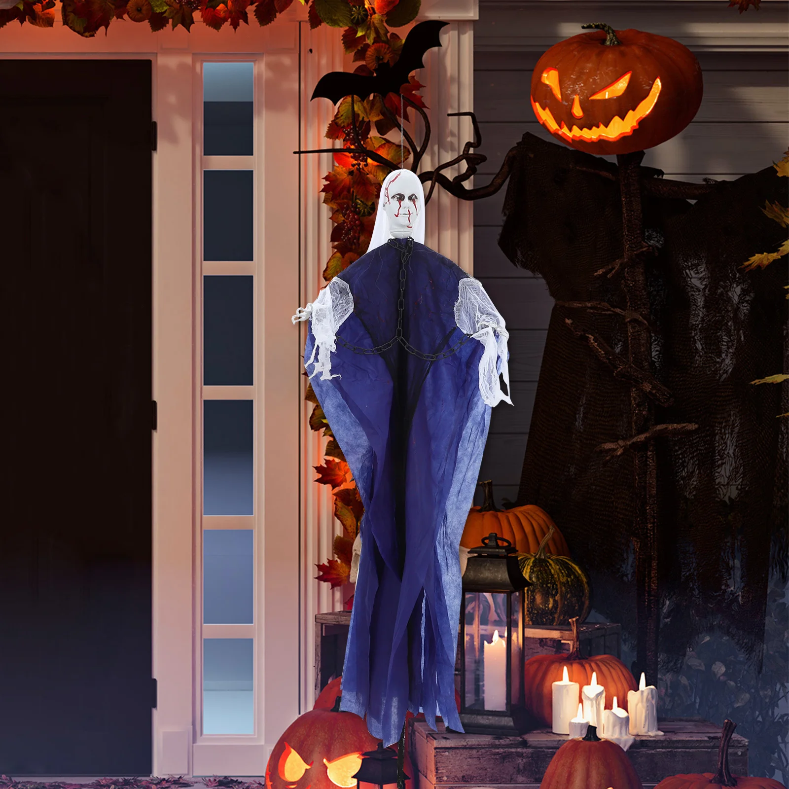 

White Haired Blood Faced Hanging Ghost Decoration Sound Activated Led Eyes Halloween Outdoor Indoor Party Yard Garden