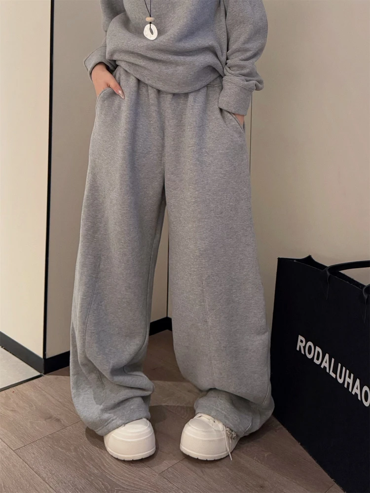 Winter New Cotton Fleece Lined Thickened Straight Pants Versatile Warm Casual Pants Elastic High Waist Floor-Length Pants