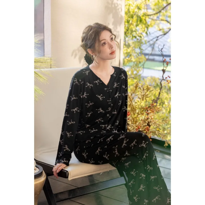 أنيقة فراشة عقدة ملابس خاصة المرأة ربيع الخريف الخامس الرقبة طويلة الأكمام السراويل الطويلة سترة مفتوحة مجموعة ملابس المنزل الحلو #3