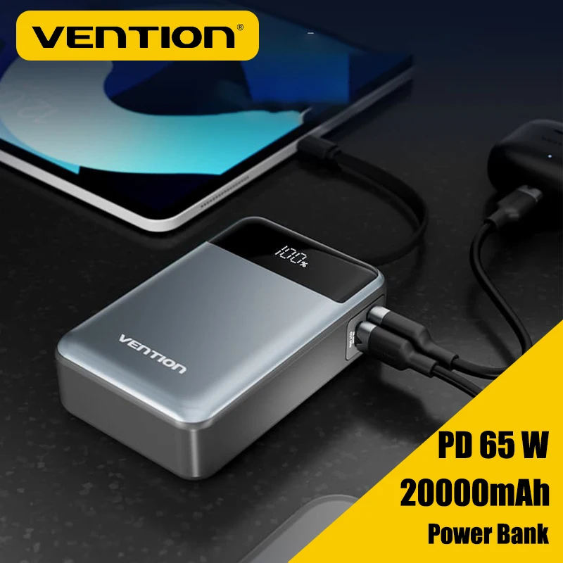 Vention Power Bank 20000mAh 65W PD Fast Charger with Built-in Type-C Cable Portable Powerbank for Laptops External Spare Battery