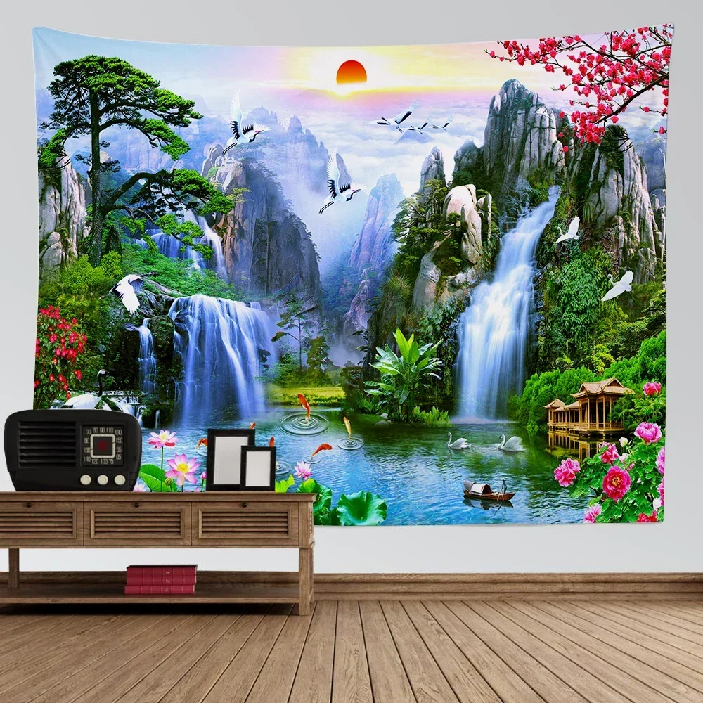 Nature Landscape Tapestry High Mountain With Waterfall Birds Sunset Flower Wall Hanging for Home Wall Decoration Sheet Blanket