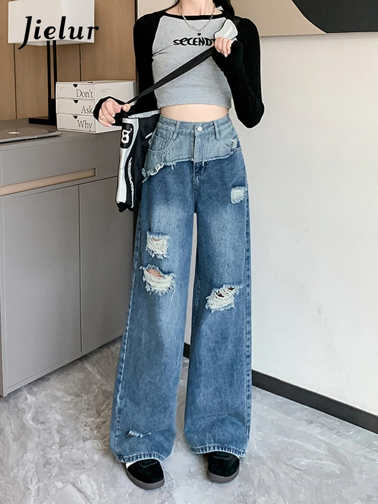 

Jielur Loose Slim High Waist Straight Women Jeans Vintage Holes Fashion Jeans Woman Blue Street Chicly Wide Leg Pants Female