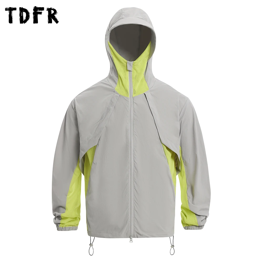 

Contrast Paneled Spliced Hooded Jacket Mens Summer Thin Safari Style Loose Drawstring Hem Long Sleeve Hooded Outerwear Men