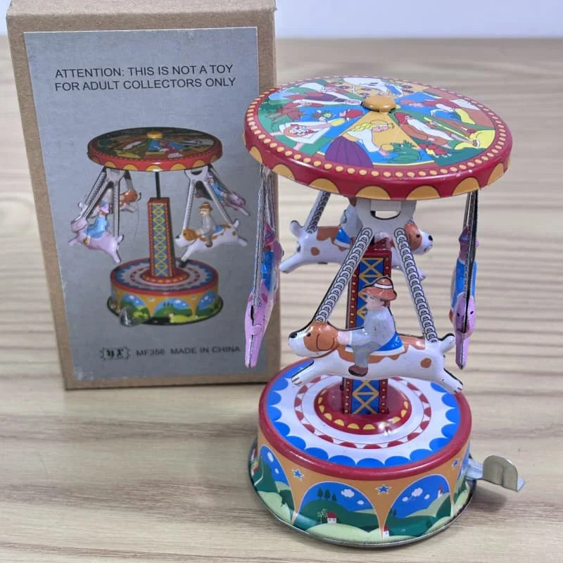 [Funny Adult Collection Retro Wind up toy Metal Tin amusement park carousel Rotating animal Mechanical Clockwork toy figure gift