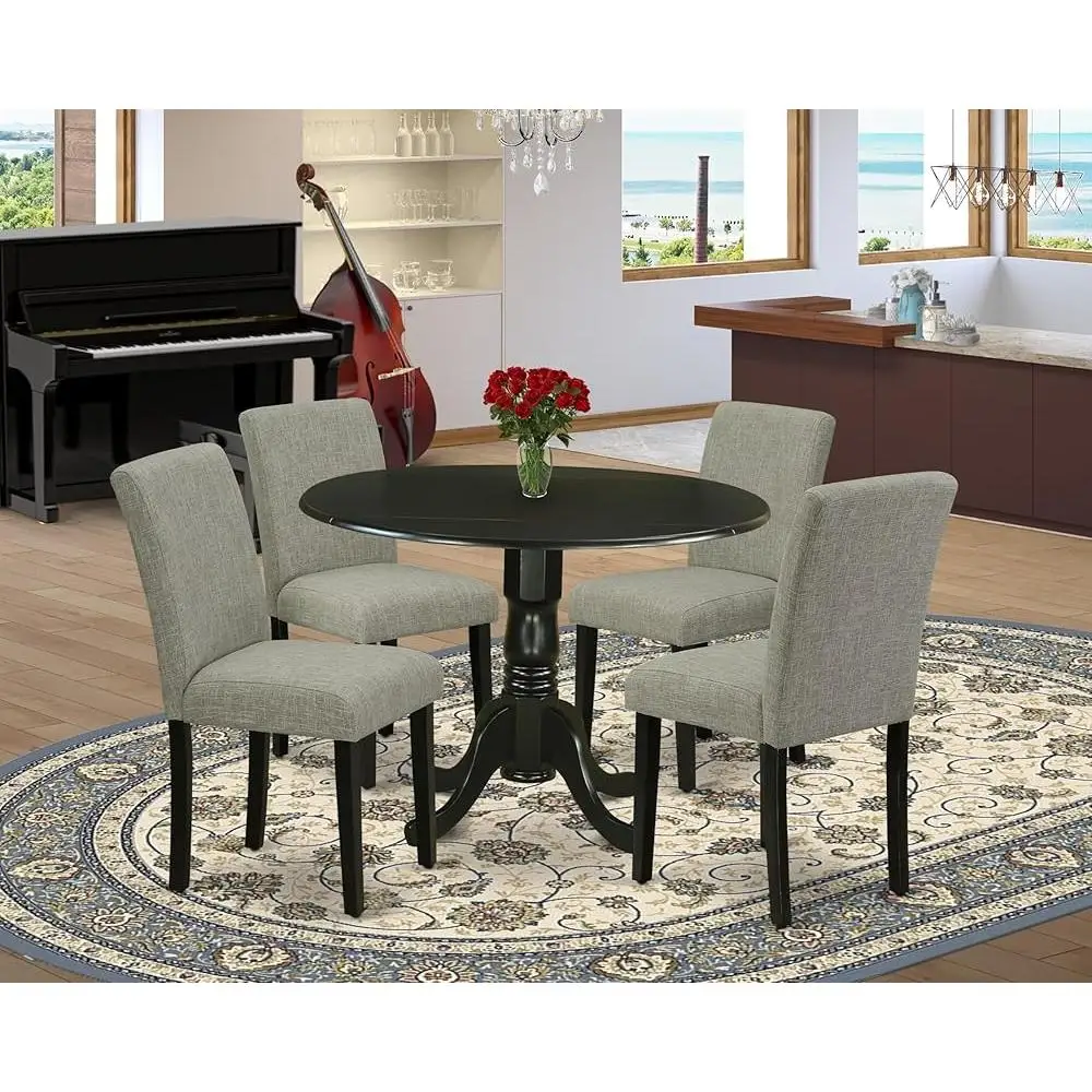 Modern 5 Piece Dining Set with Round Dropleaf Table and 4 Padded Shitake Linen Chairs Home and Kitchen