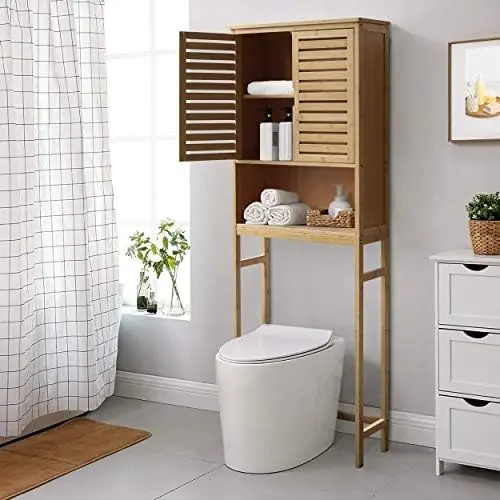 

Bathroom Over-The-Toilet Cabinet Organizer with Shelves and Doors, Small Freestanding Toilet Space Saver with Anti-Tip Design