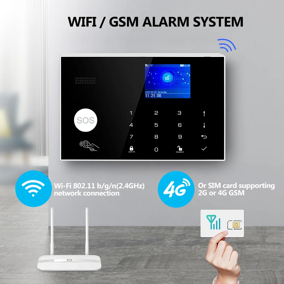 KERUI 4G+WIFI Alarm for Home Support 3 Wired Defense Zones G34 Alarm System Kits Tuya Smart Life Burglar Alarm 433mhz PIR Sensor