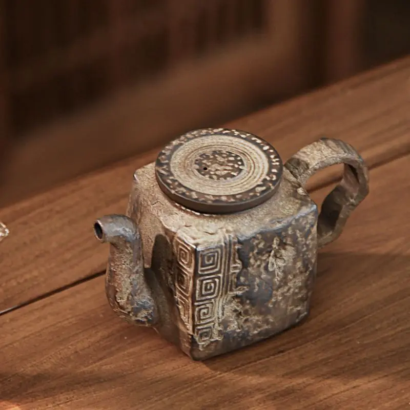 Firewood Burned Powder Ash Fortune Square Teapot New Exquisite Retro Coarse Pottery Single Person Pot High-End Chinese Ceramic
