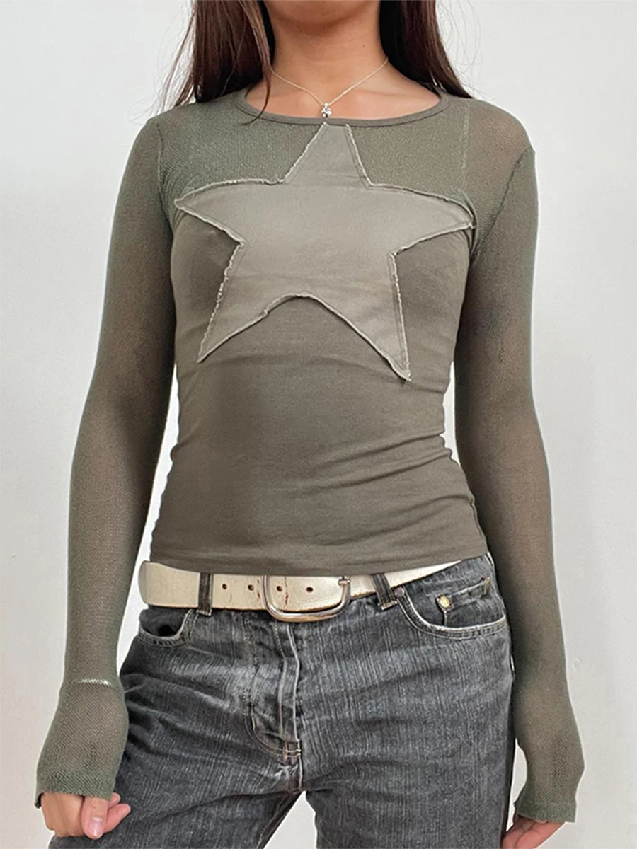 Tops estéticos de retales de estrellas verdes para mujer, camiseta ajustada de manga larga con cuello redondo Vintage para ropa de calle informal diaria para otoño