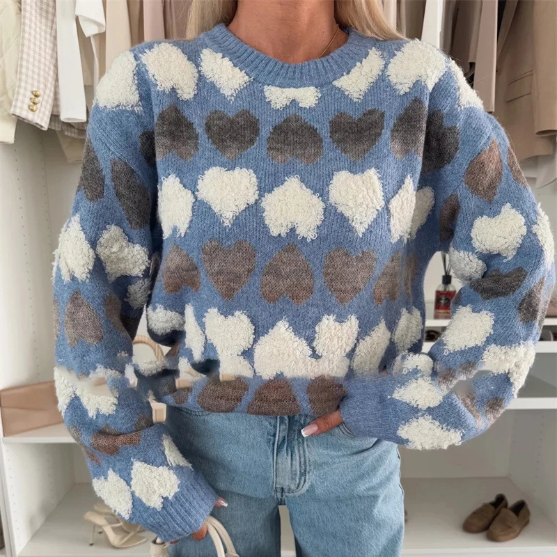2026 Casual Commuting Sweater Top O Neck Long Sleeved Jacquard Knitted Pullover Autumn Winter Soft Warm Loose Fit Women Sweater