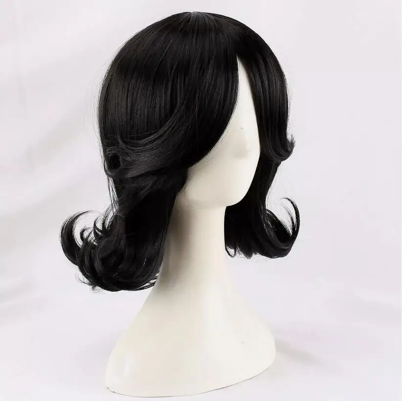 Wig Cosplay wanita, rambut palsu pendek berombak hitam