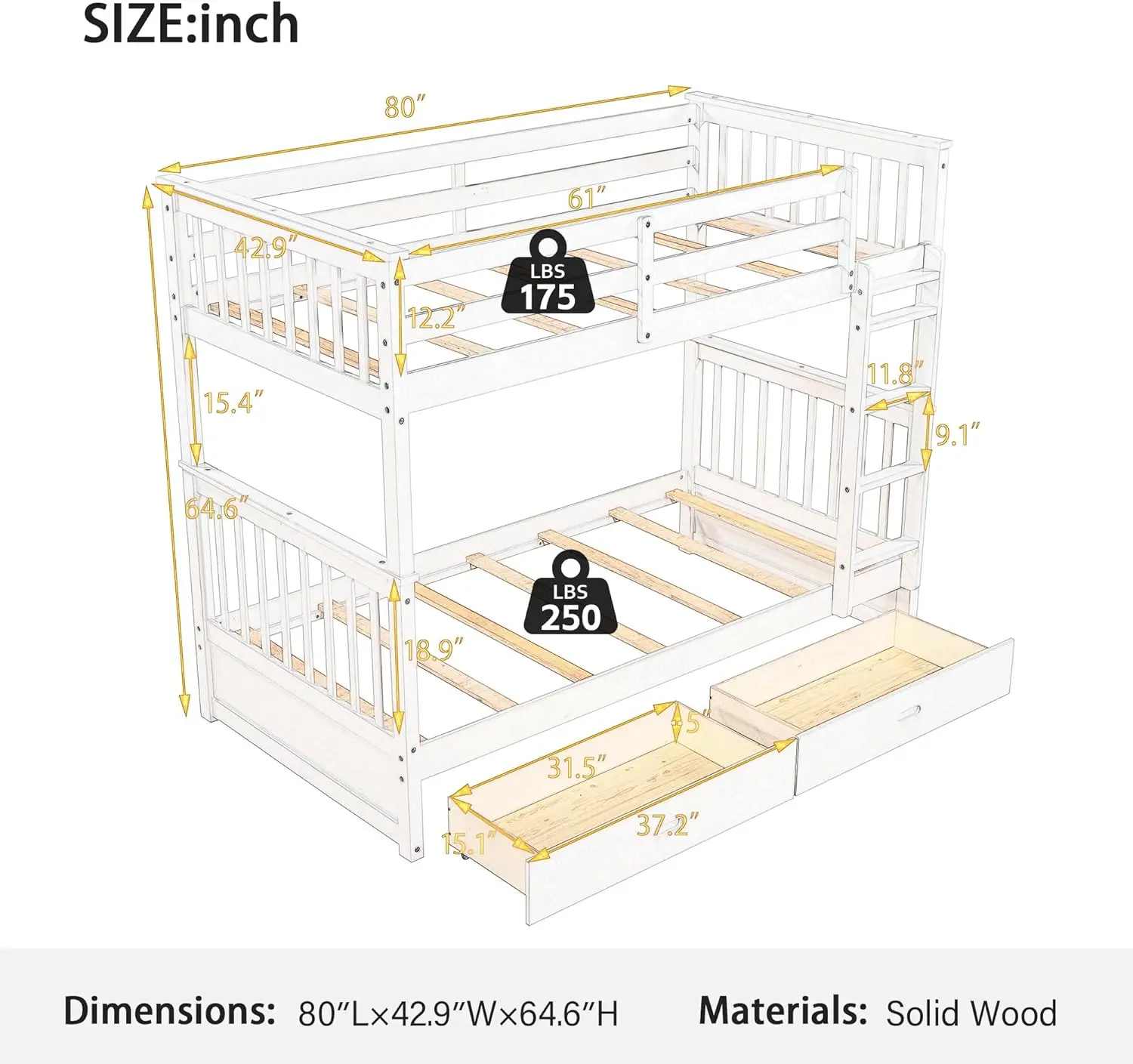 Wood Bunk Bed Twin Over Twin with Drawers, Convertible Frame with Ladders, Solid Wood, Walnut