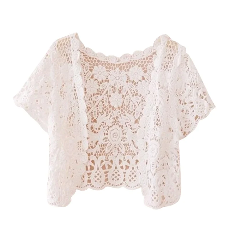 Womens Floral Crochet Sheer Short Sleeve Beach Cover Up Shrugs Crop Bolero Jackets for Dress Sunscreen Open Front Lace Cardigan - view 4