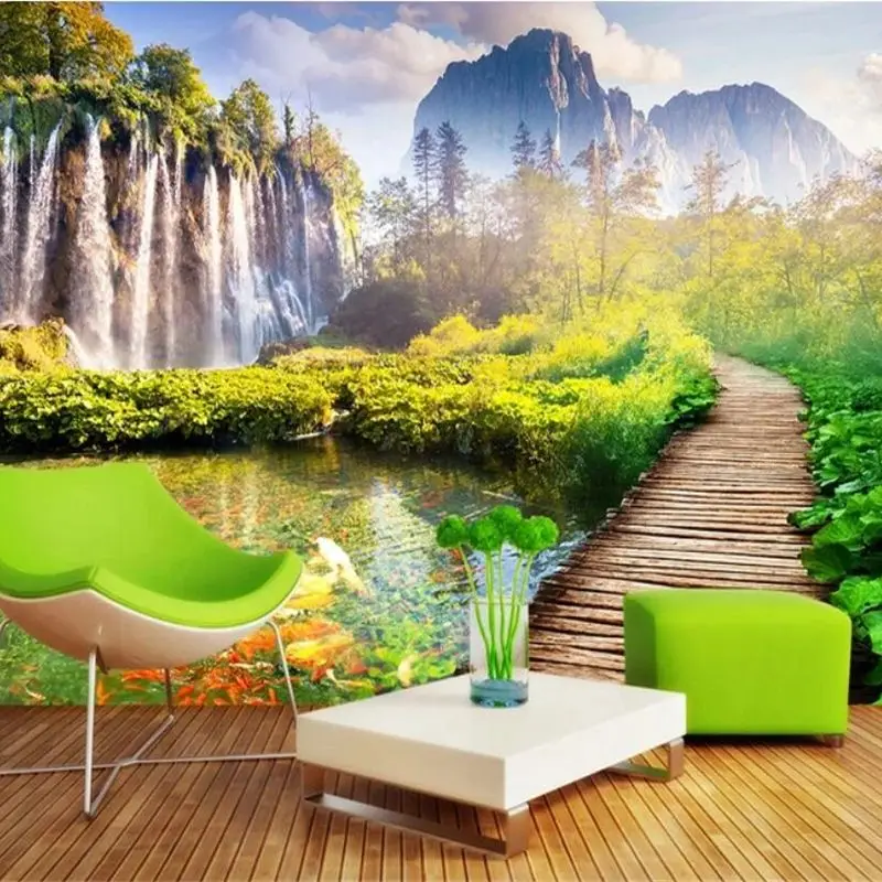 

beibehang Custom Photo Mural 3d Wall papers Home Decor Waterfall Forest Wooden Bridge Background Decorative Painting Wallpaper