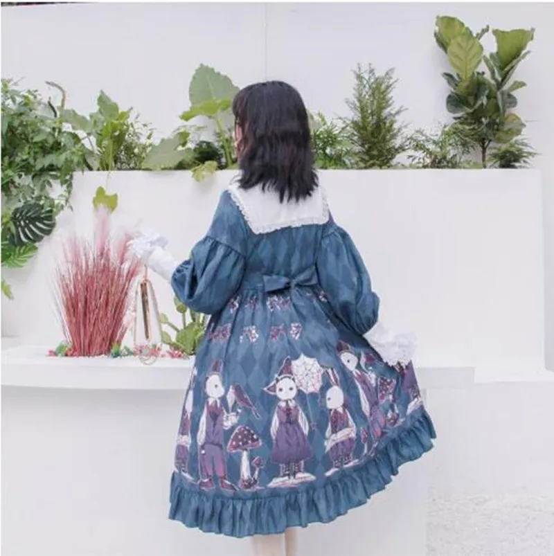 Loli Cos Gothic Lolita Op Lolita Dress Cute Printing Ruffled High Waist Bowknot Victorian Dress Simple Kawaii Girl Gothic Dress