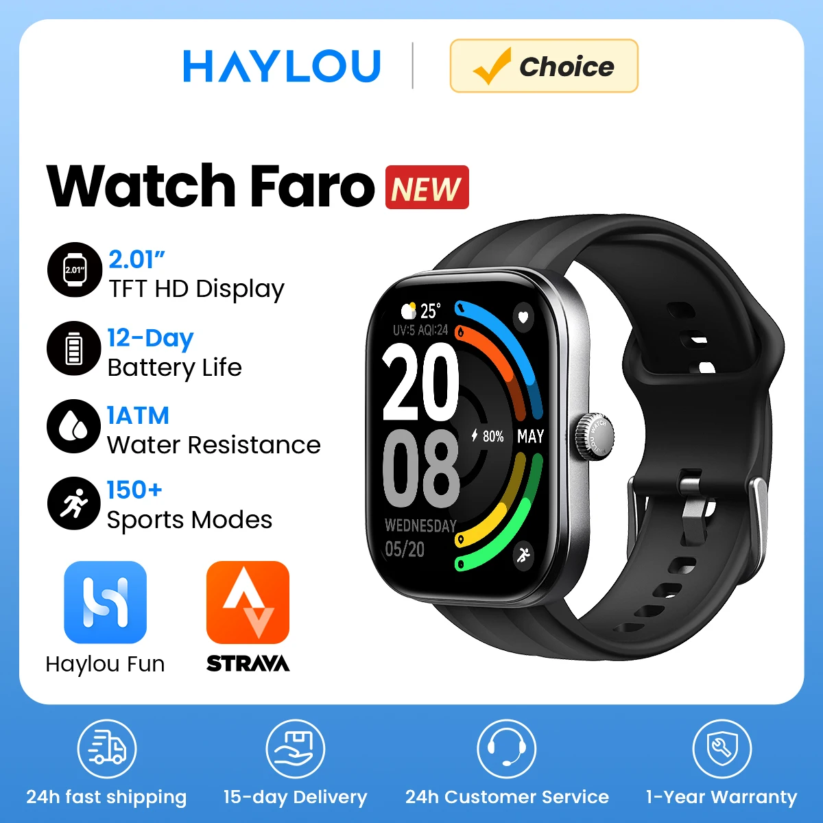 Reloj Inteligente HAYLOU Faro con Llamadas de Voz, Pantalla HD de 2.01», Monitor de Salud 24H, Más de 150 Modos Deportivos, Reloj Inteligente Bluetooth para Hombre y Mujer