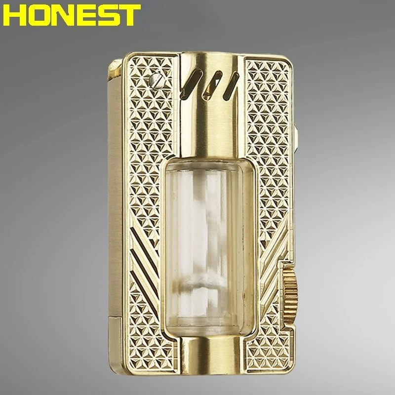 HONEST Zinc Alloy Transparent Oil Tank Windproof Kerosine Lighter Retro Mechanical One Click Launch Ignition Exquisite Lighters