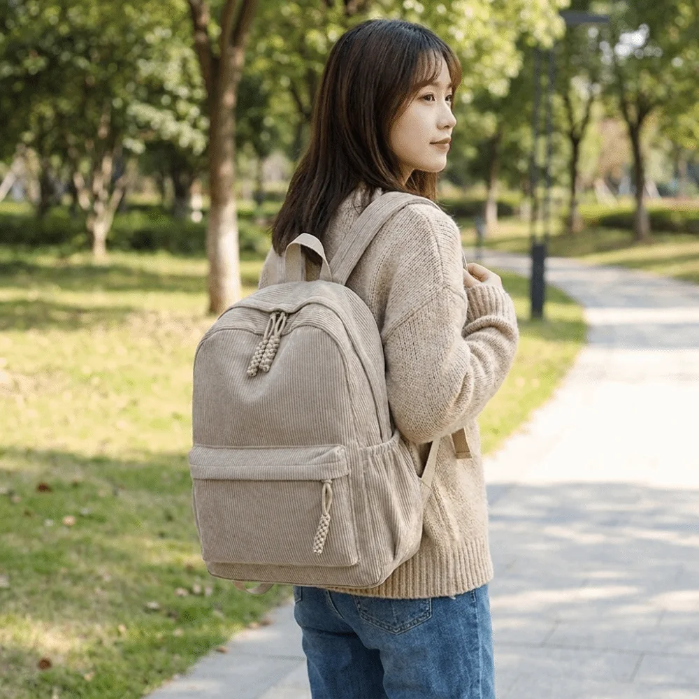 Lightweight Corduroy Backpack Solid Color Large Capacity Students School Bag Japanese Style Adjustable Shoulder Straps