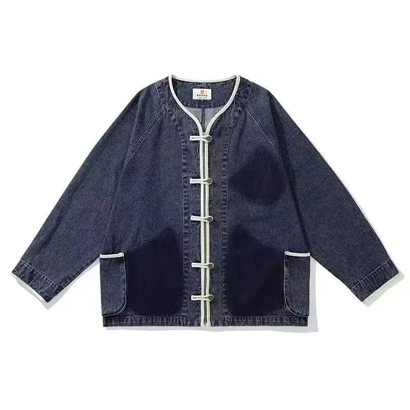 

Retro Waed Button Design No Collar Jaet Denim Outerwear Loose ex Color Blo Top Trendy Autumn Winter Men's Clothing
