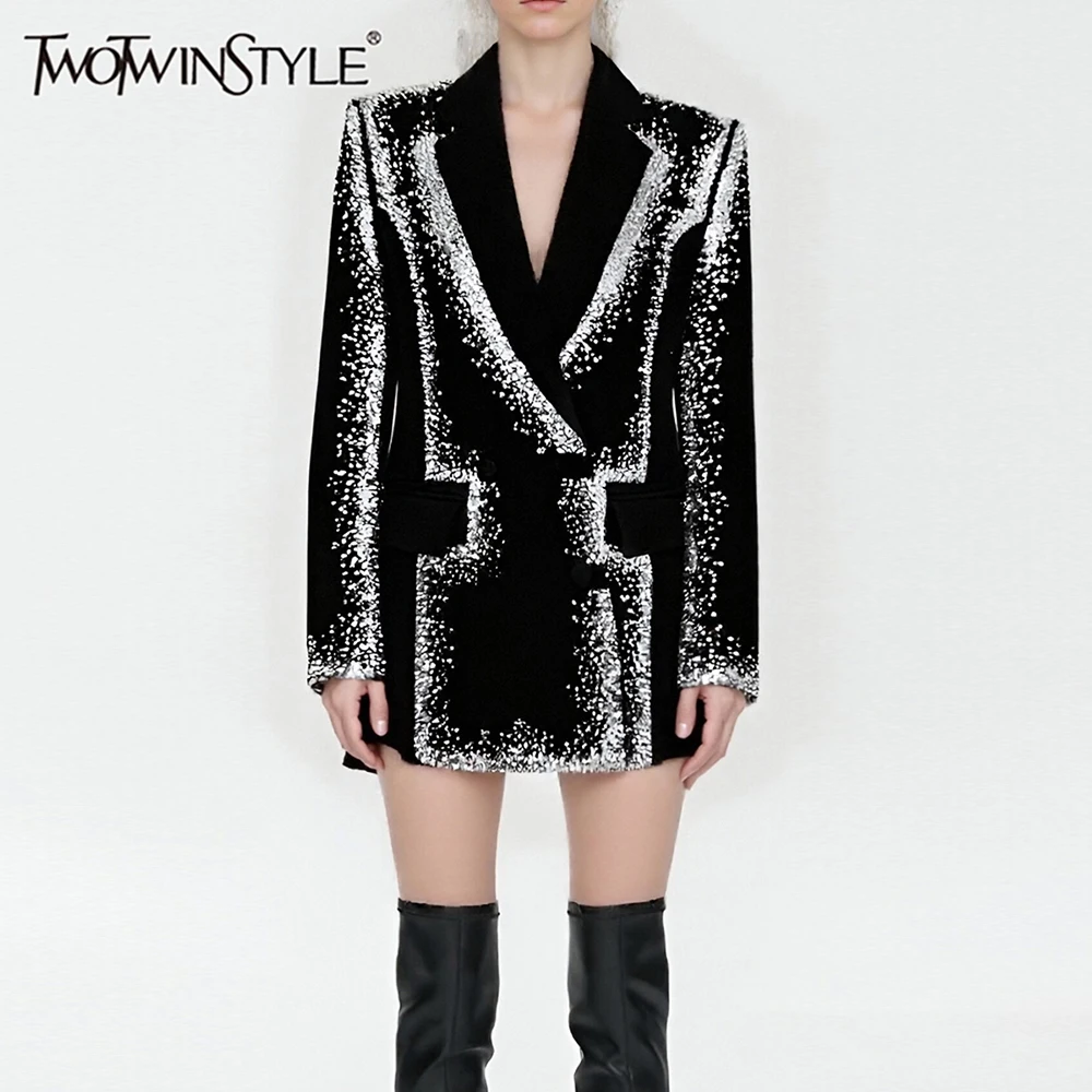 

TWOTWINSTYLE Hit Color Printing Fashion Blazers for Women Lapel Long Sleeves Tunic Temperament Blazer Female Fashion Clothes New