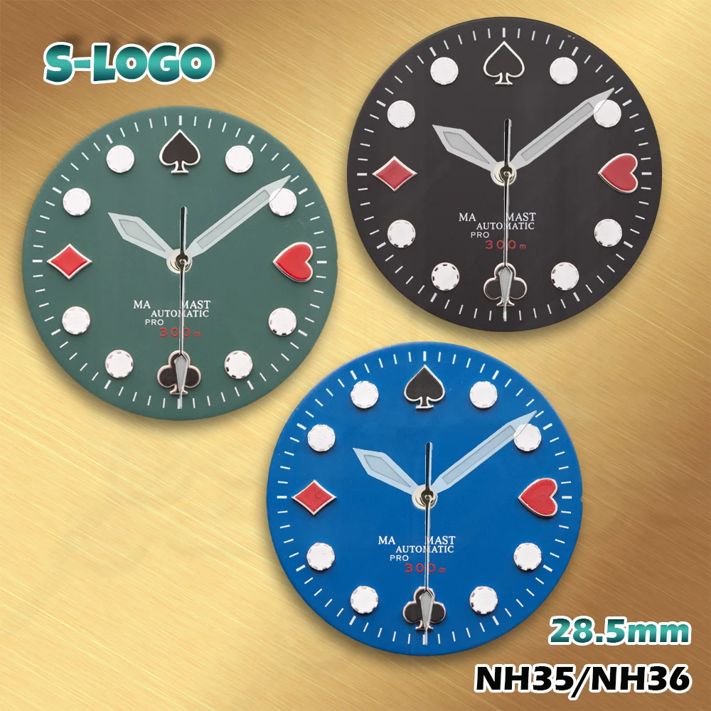 Poker Theme Dial 28.5mm for NH35/NH36/4R/7S | S Logo & Green Luminous | High Quality Men's Watch Modification Accessories
