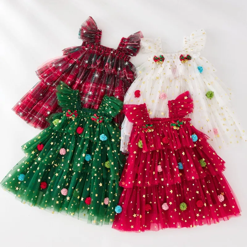 New Children's Flying Sleeves Christmas 2025 Stars Sequin Mesh Cake Dress Princess Festive Party Baby Suspender Dress