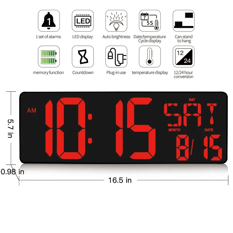 Large Digital Wall Clock with Remote Control, 17.25 Inches (Approximately 43.7 Centimeters) LED Large Display Timer with Tempera