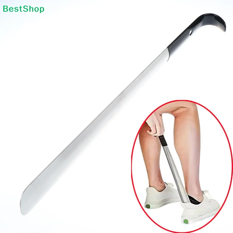 〔R〕42cm Durable Metal Shoe Horn, Long Handle with Anti-Slip Rubber Sleeve for Seniors, Travel & Daily Use