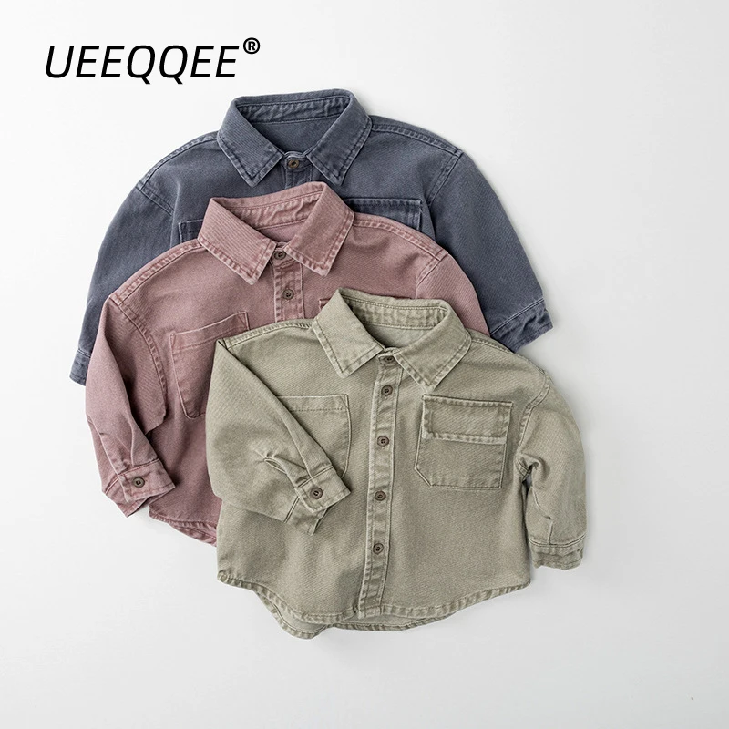 

Spring Autumn Children Shirts 1-8Y Boys Cotton Solid Pockets Casual Long Sleeve Tops Korean Toddler Wear For Kids Clothing New