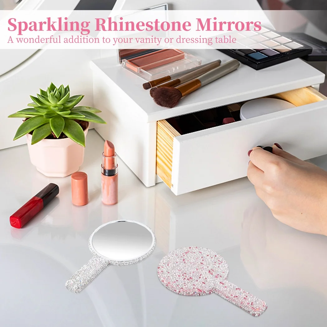 2Pcs Rhinestone Hand Mirror Makeup Mirrors For Women Vintage Handheld Mirror Portable Bling Mirrors For Wedding Cosmetic Salon