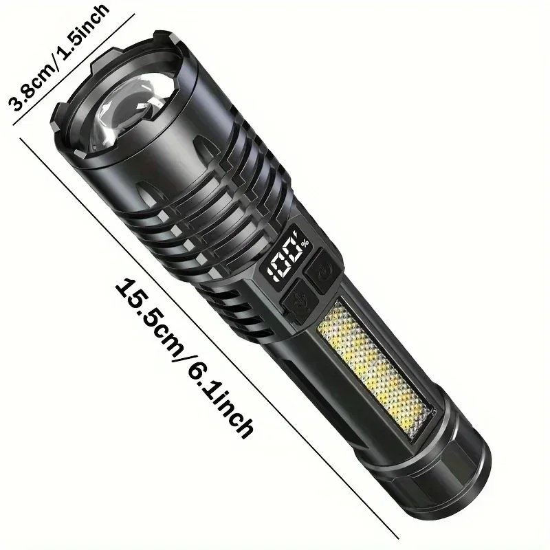 Rechargeable LED Hands-Free Flashlight, Portable Flashlight with Telescopic Zoom and Power Indicator Light, Five Lighting Modes