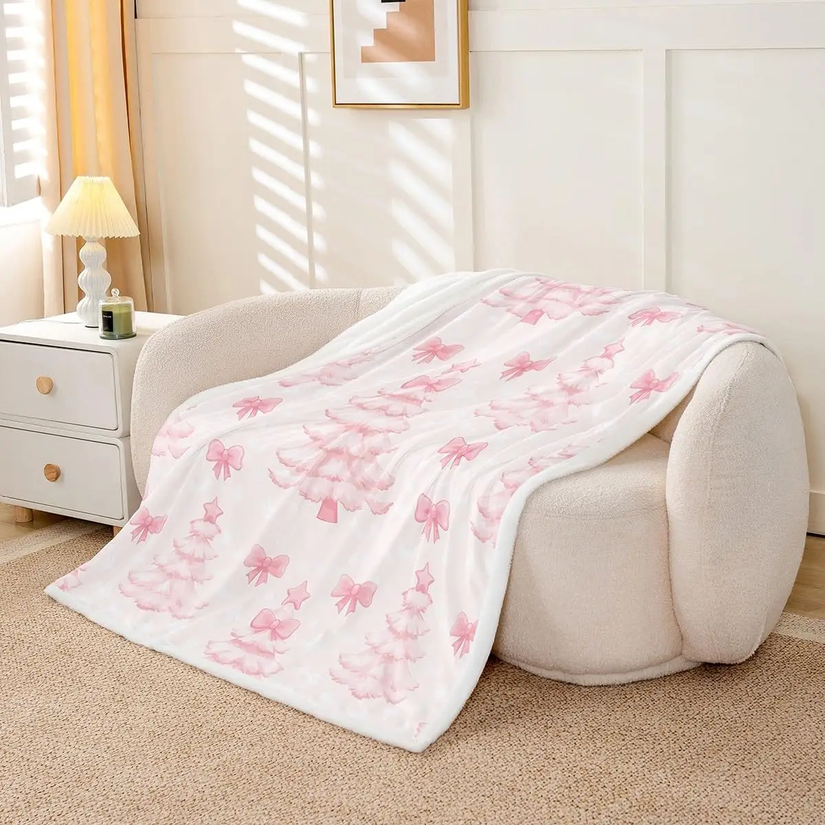Merry Christmas Sherpa Throw Blanket for Couch Pink Bowknot Super Soft Cozy Fleece Christmas Tree and Snowman Blanket for Winter