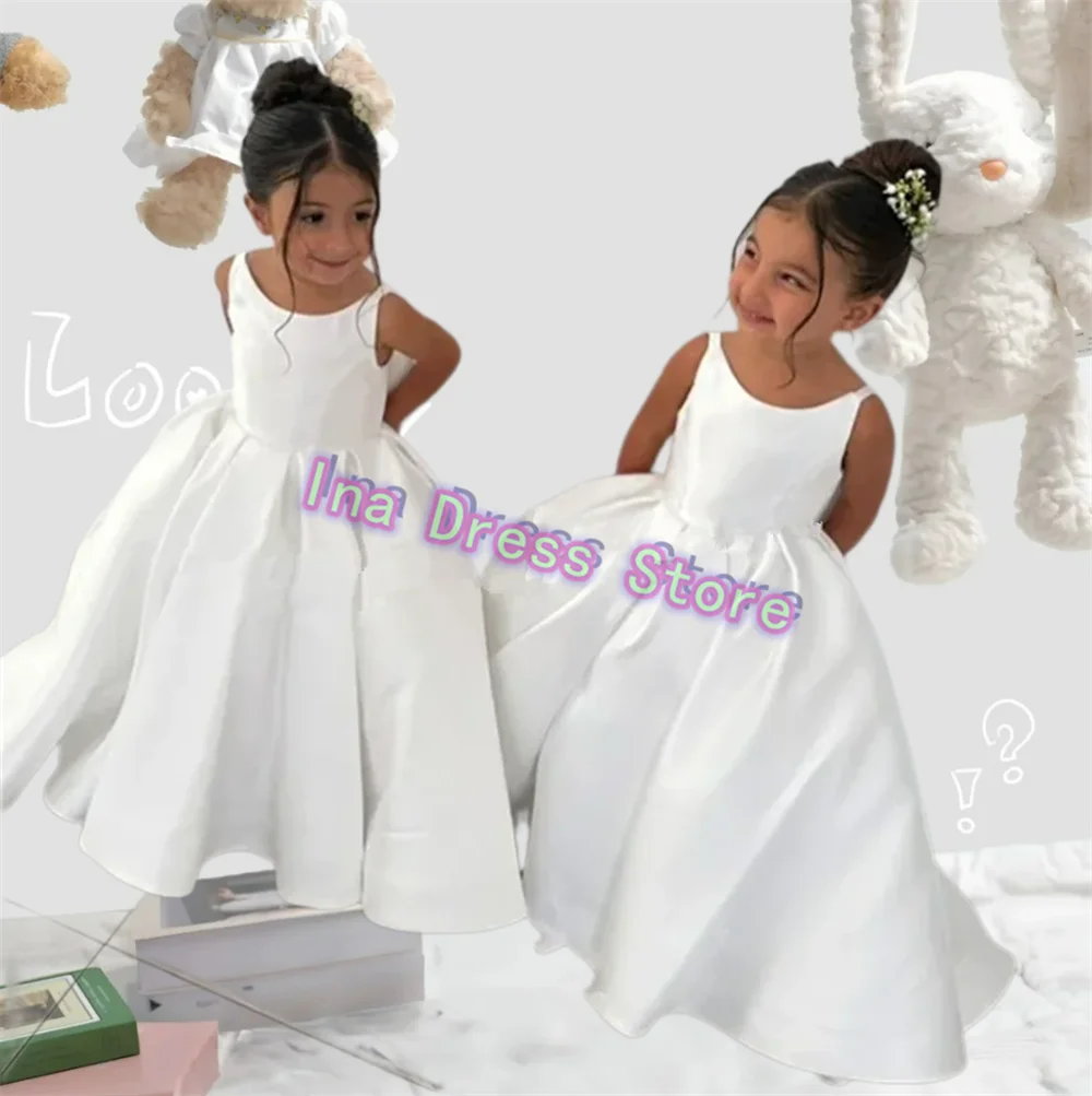 

Lovely Satin Little Baby Flower Girl Dress Straps Fluffy With Big Bow For Wedding Ball Dresses Kids Birthday Party Evening Gowns