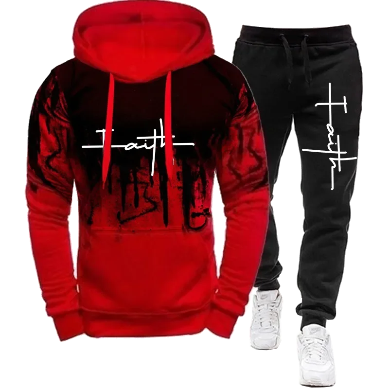 

Fashion Faith Printed Autumn Men's Casual Tracksuit Men Sweatshirts and Sweatpants Two Pieces Sets Sportswear Plus Size Clothing