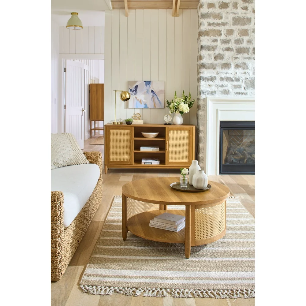 Modern Rattan Coffee Table with Open Storage and Display Light Honey Finish Round Shape Living Room Indoor Use