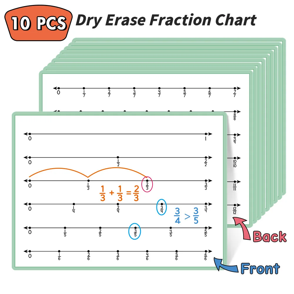 Erasable Fraction Chart 10 PCS Double-sided Teaching Aids for Children Mathematics Fraction Learning