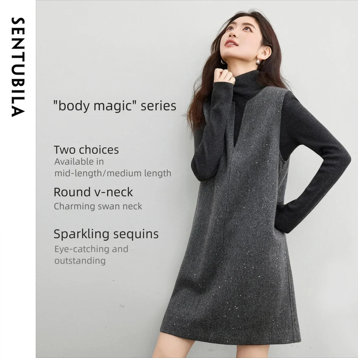 

SENTUBILA Women's Sequin Short Dress 2025 Autumn Winter Round V-Neck Loose Slimming Fit Elegant Casual Vest Dress 153LI3133