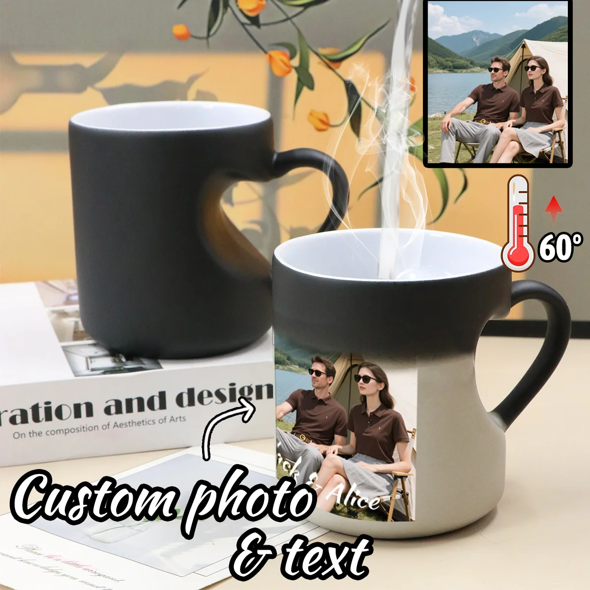 Personalisierte Farbwechsel-Kaffeetasse mit Foto und Text, Wärmeempfindliche Tasse mit Herzgriff für Zuhause, Jubiläumsgeschenk