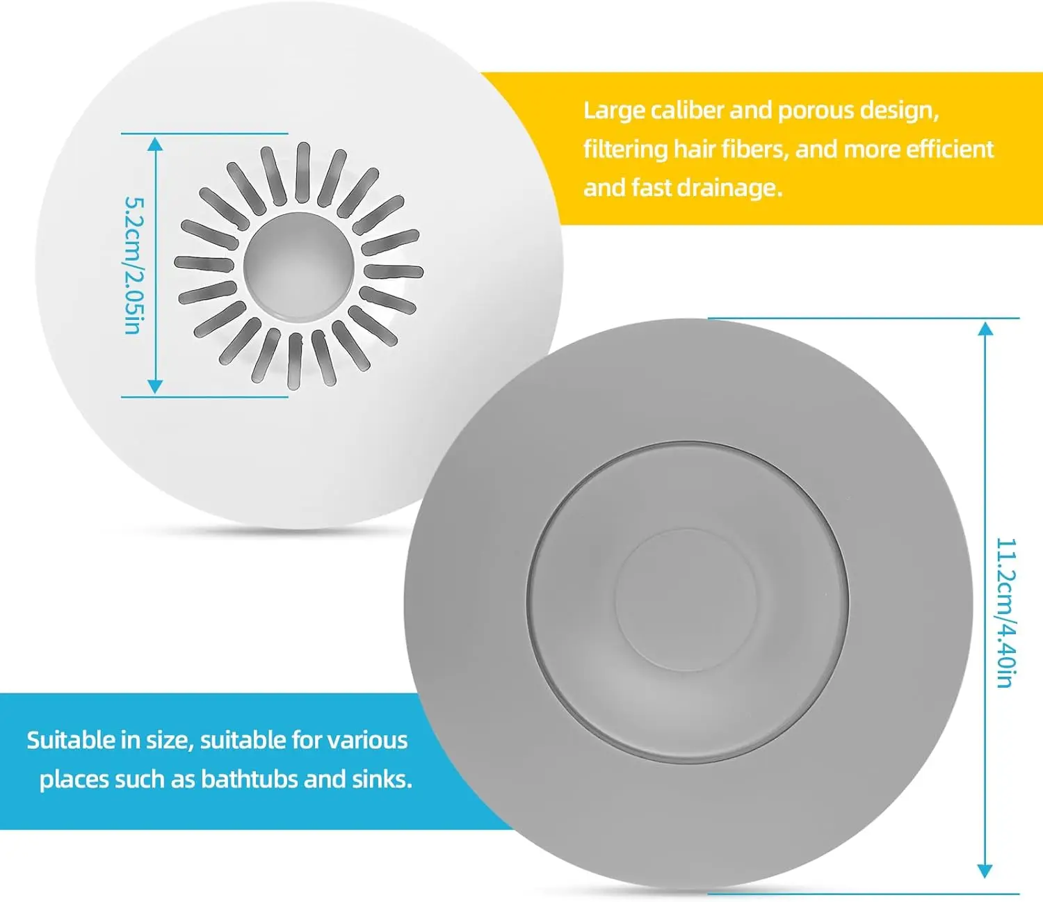 Universal Silicone Drain Plug - Washbasin Plug and Bathtub Plug with Press and Hair Strainer Function - Practical Drain 2 Pieces