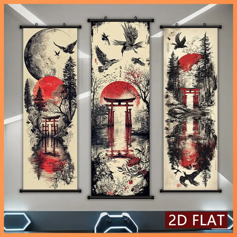 VIKAMA Dark Aesthetic Vertical Scroll Tapestry, Torii Gate, Red Moon, and Water Reflection Landscape Wall Hanging, Home Decor