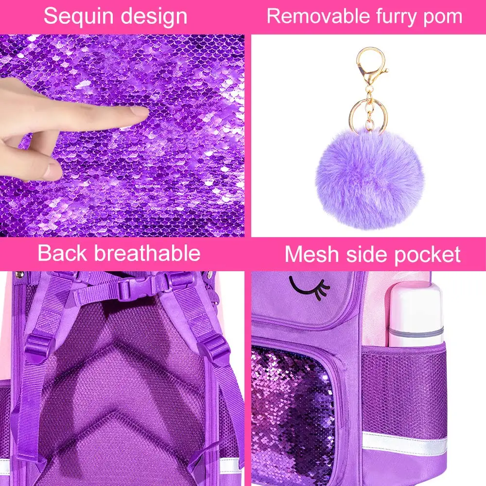 Mochila de unicornio de 3 piezas, mochila de lentejuelas para niñas de 15 "con fiambrera, mochila escolar morada para niños para primaria 2 vendida