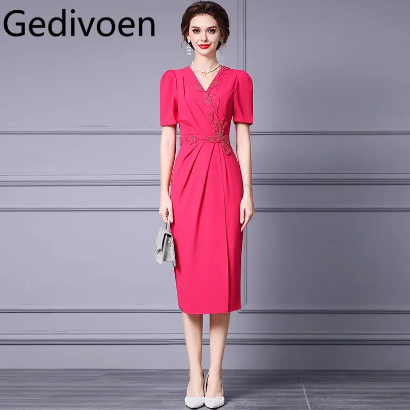 

Gedivoen Summer Fashion Runway Designer Dresses Women's Vintage Solid Color Beading Embroidery Ruched Side Split Elegant Dresses