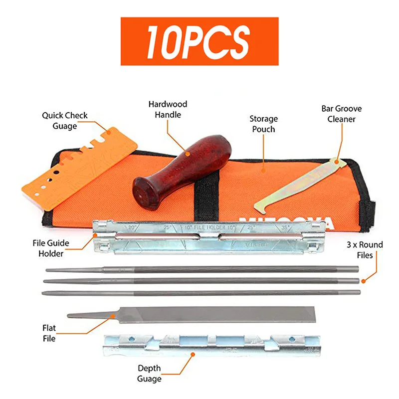 10-12 Pcs Set Professional Chain saw Sharpening Kit Tool Set Hardwood Handle Round/Flat File Guide Bar File Sharpener Tools