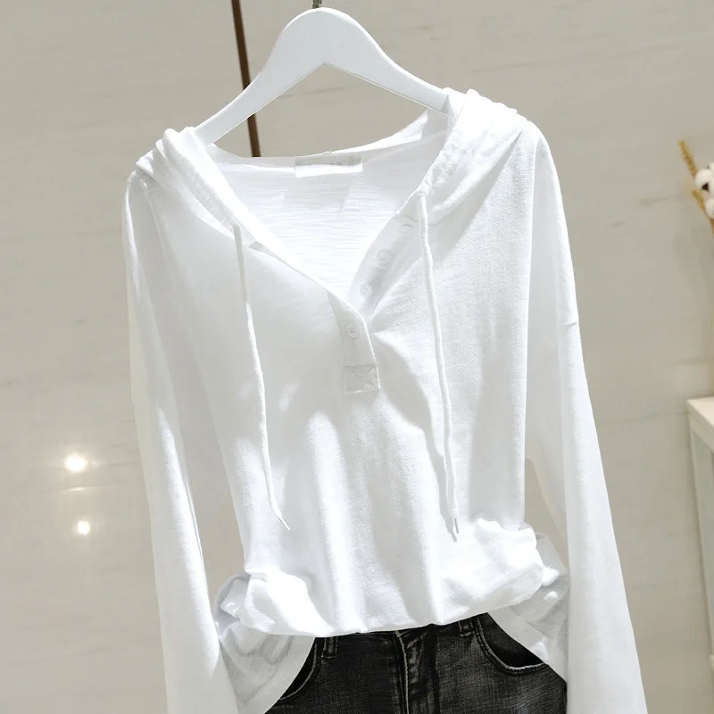 

White Hooded Long-sleeved T-shirt Women's 2026 Spring and Autumn New Loose Inner Bottoming Shirt Top