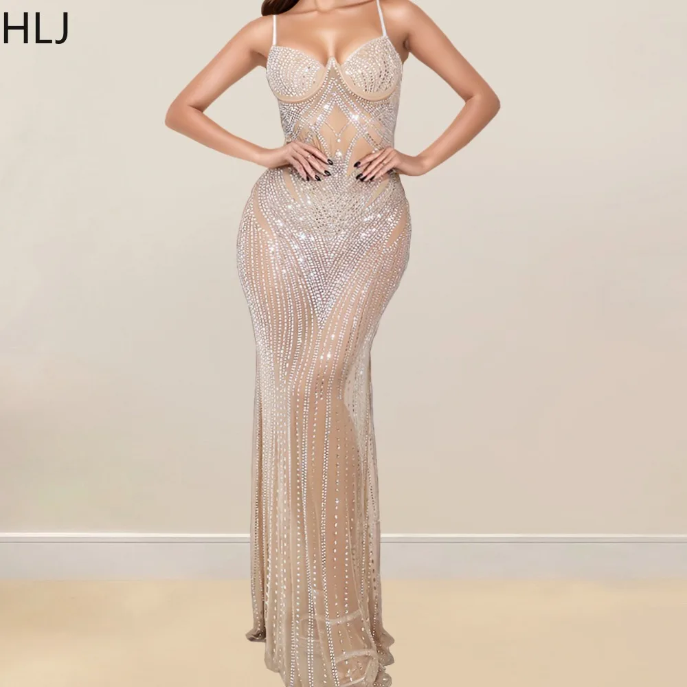 HLJ Fashion Luxury Rhinestones Bodycon Evening Party Spaghetti Strap Long Dress Women V Neck Sleeveless Sleeveless Slim Vestidos